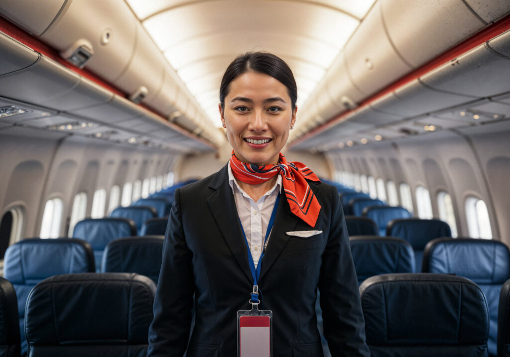 Smiling Flight Attendant in the airplane