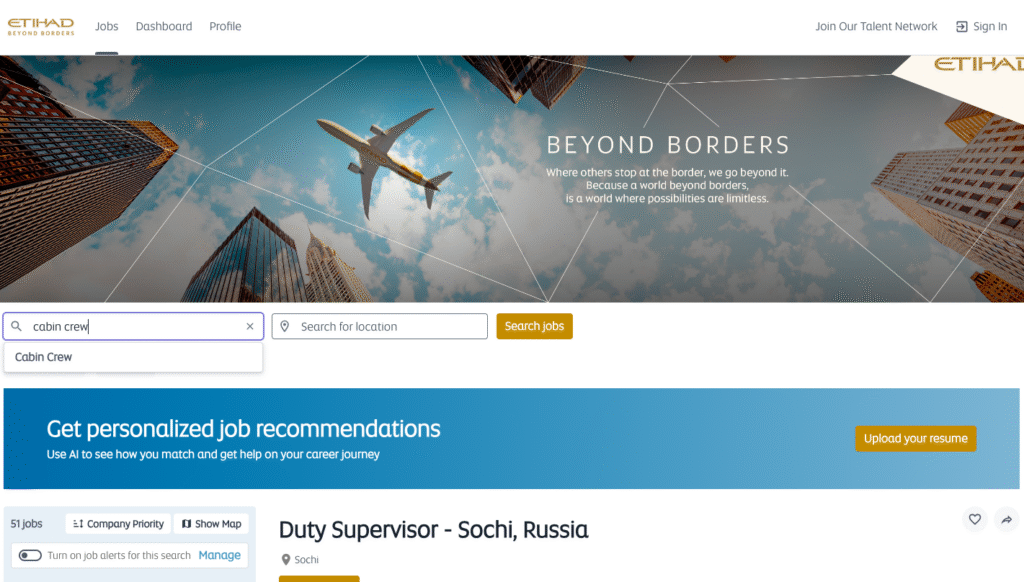 tihad Airways careers website showing the Cabin Crew job search page.