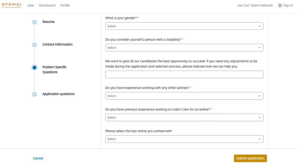 Etihad Airways careers website showing the Cabin Crew job search page.