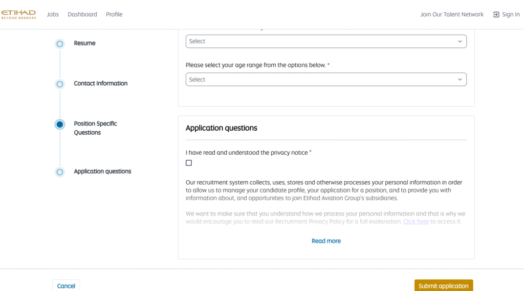 Etihad Airways careers website showing the Cabin Crew job search page.