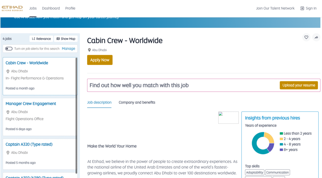 Etihad Airways careers website showing the Cabin Crew job search page.