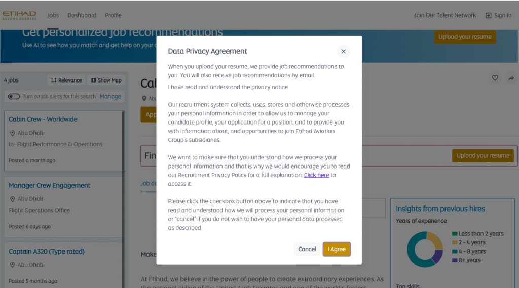 Etihad Airways careers website showing the Cabin Crew job search page.