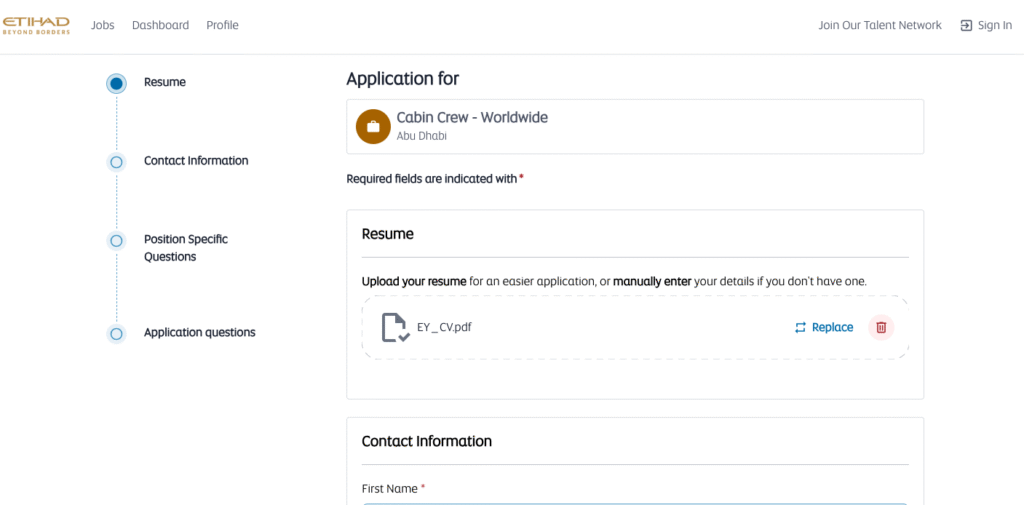 Etihad Airways careers website showing the Cabin Crew job search page.