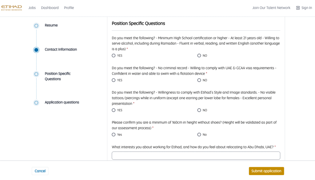 Etihad Airways careers website showing the Cabin Crew job search page.