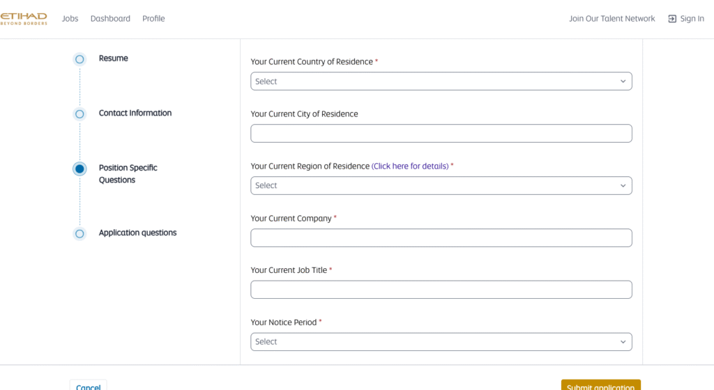 Etihad Airways careers website showing the Cabin Crew job search page.