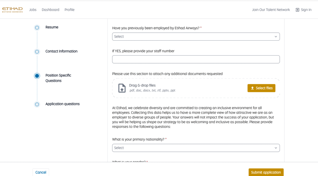 Etihad Airways careers website showing the Cabin Crew job search page.