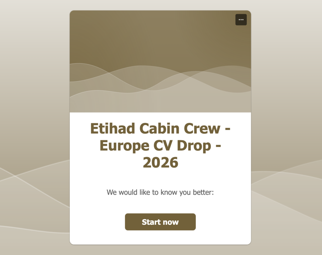 Etihad Airways Cabin Crew Europe CV Drop 2026 registration screen with Start Now button.