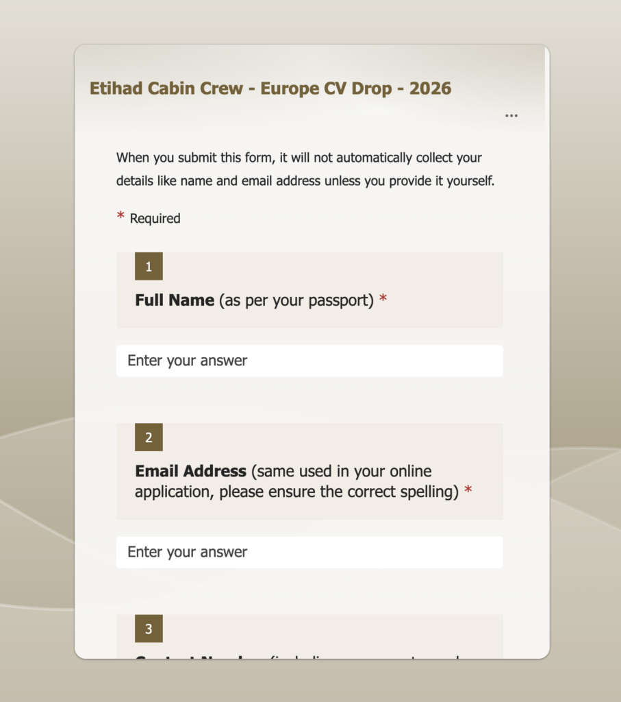 Etihad Airways Cabin Crew Europe CV Drop 2026 registration form showing candidate name and email fields.
